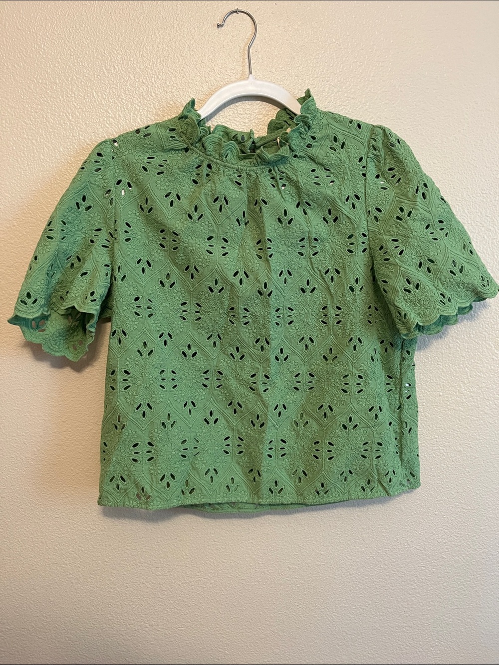 Grass Green Eyelet Ruffle Neck Top